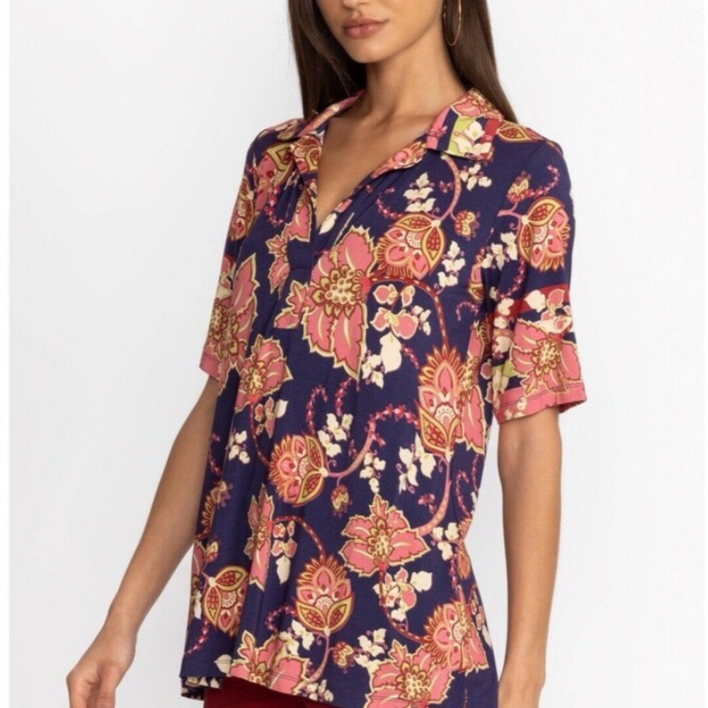 Johnny Was Floral Blouse in Navy and Pink